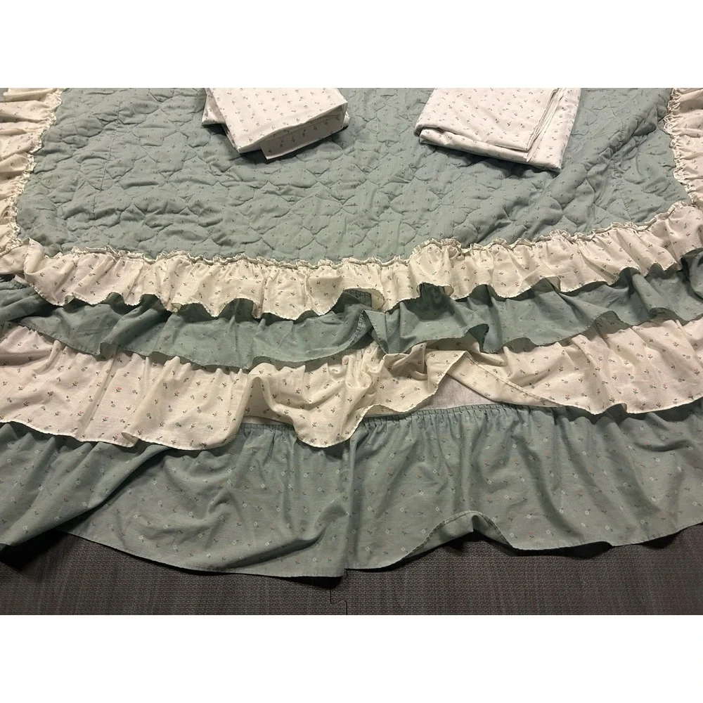 Vintage Sears Cottagecore Full Green‎ Floral Ruffle Bedspread Sheets Pillow Case